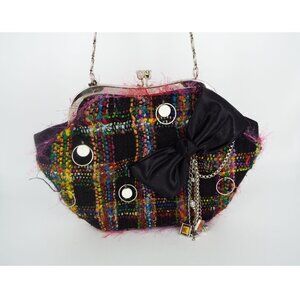 Mary Frances Handbag Whimsical Kiss Lock Chain Strap Multicolor Tweed Black Bow